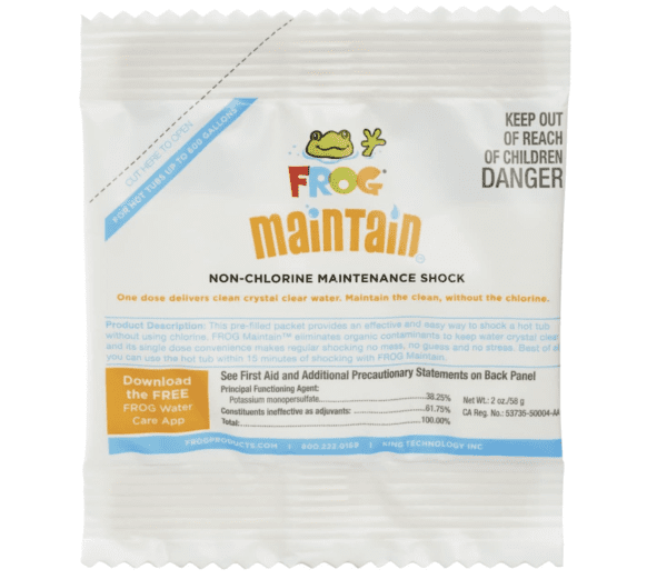 A bag of FROG Maintain Non-Chlorine Shock Treatment for Hot Tubs Pack of 12, Quick and Easy Single Dose Shock Treatment Packets, Chlorine and Cyanuric Acid Free, for use in Hot Tubs up to 600 gallons.